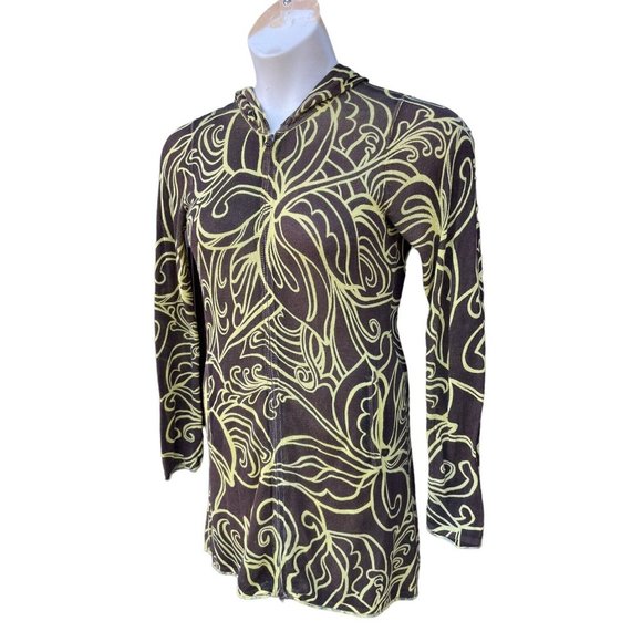 Athleta Hoodie Sweater Full Zip Sz S Tunic Brown Yellow Floral Pattern Pockets - Picture 2 of 5